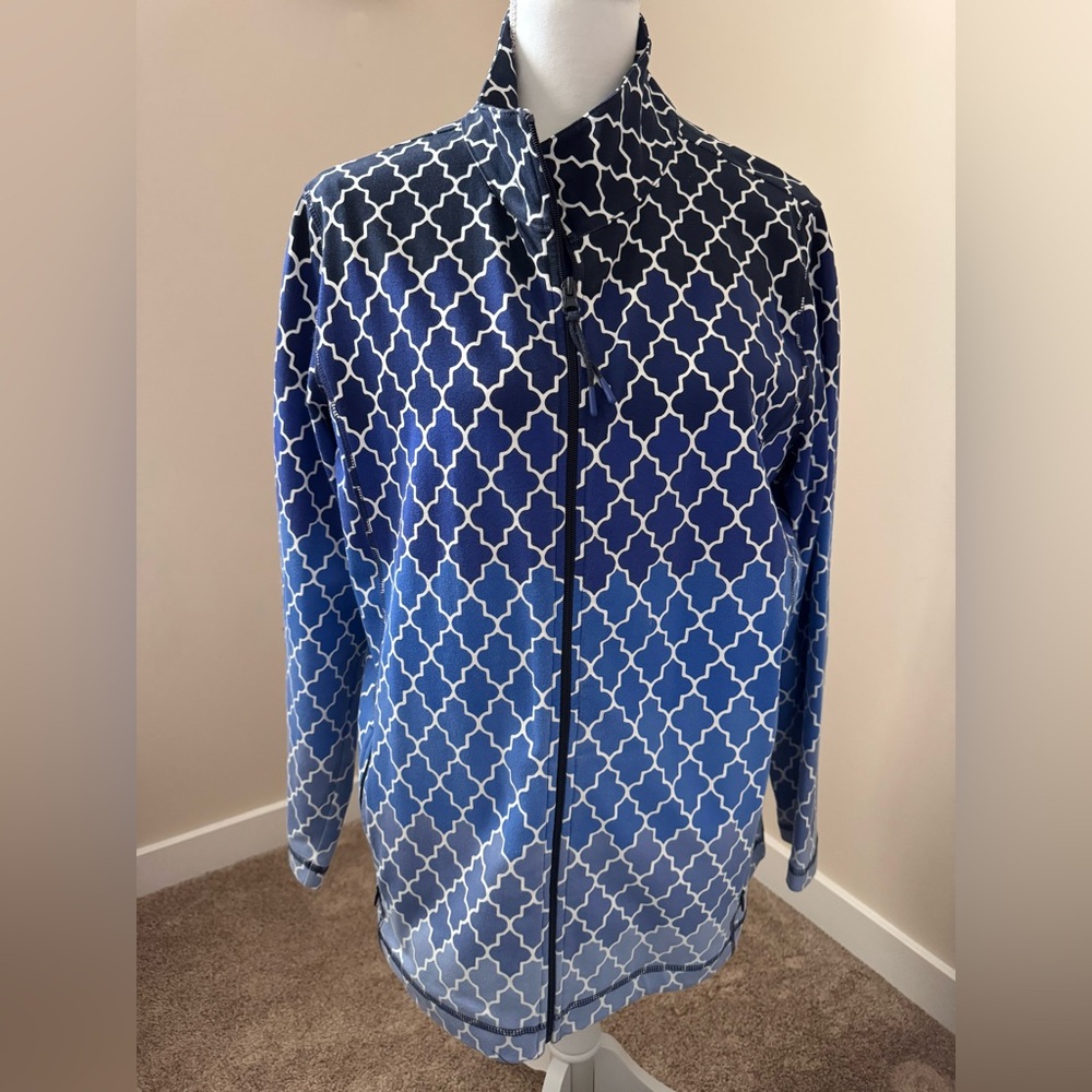Talbots 2 Piece Blue Geometric Zip-Front Jacket and Short Sleeve Tee